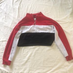 red black white striped quarter zip sweatshirt